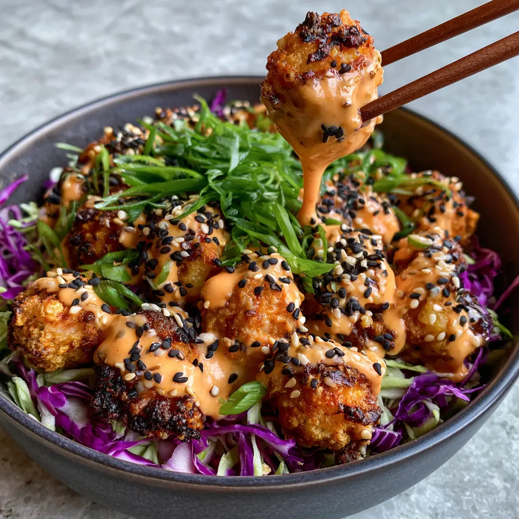 Close-up of wooden chopsticks holding a piece of Bang Bang Chicken over a bed of vibrant purple and green cabbage.