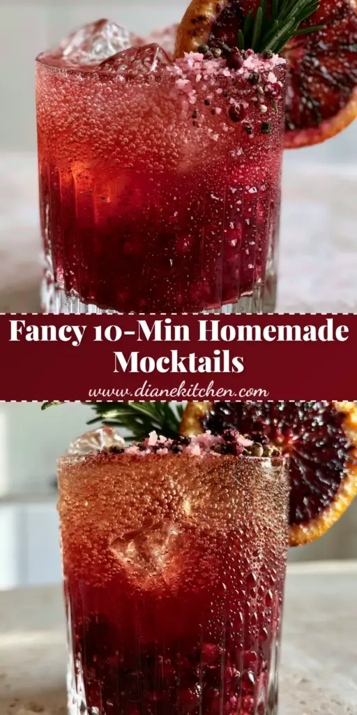 A sophisticated crimson pomegranate mocktail with bubbly effervescence, charred orange, and rosemary in a crystal glass. (mocktail recipes)
