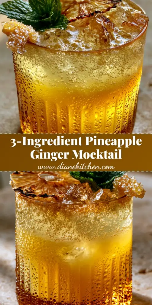 Pineapple ginger beer mocktail: The Ultimate Fizzy Golden Refresher 4 A tall Pinterest-style photo of a Pineapple ginger beer mocktail in a ribbed amber glass with charred pineapple and mint garnish.