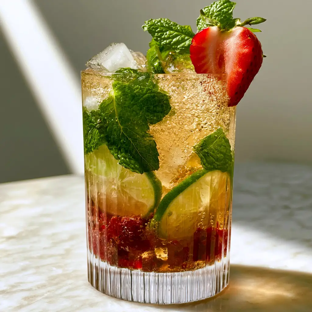 Strawberry Mocktail Mule: The Ultimate Refreshing Summer Sip 2 Close-up of a Strawberry Mocktail Mule showing bubbly golden ginger beer and deep red strawberries. (Strawberry Mocktail Mule)