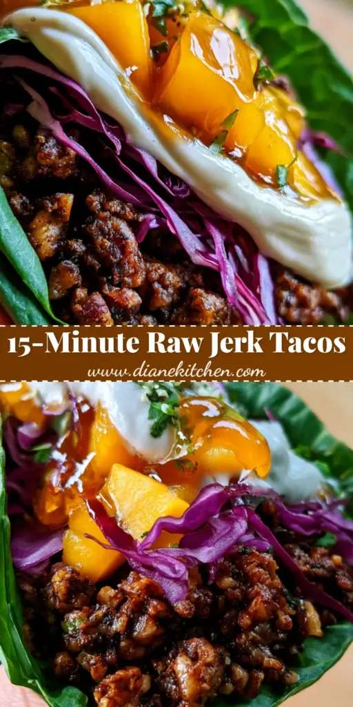 A close-up shot of Raw Vegan Jerk Tacos held in a hand, featuring dark walnut meat, bright mango, and purple cabbage in a collard leaf.
