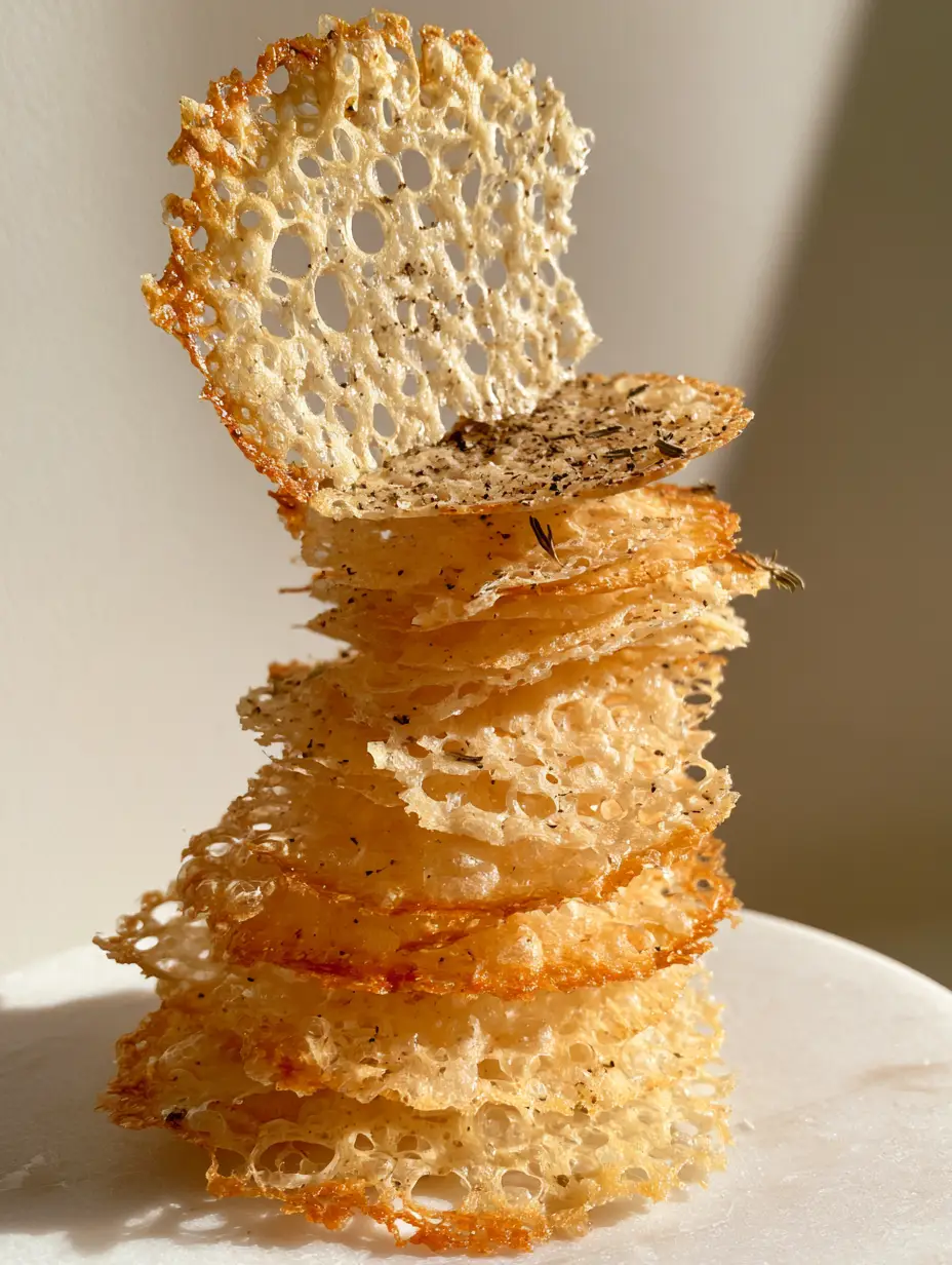 Macro view of cheese crisps showing bubbly melted centers and toasted amber edges with black pepper flakes.