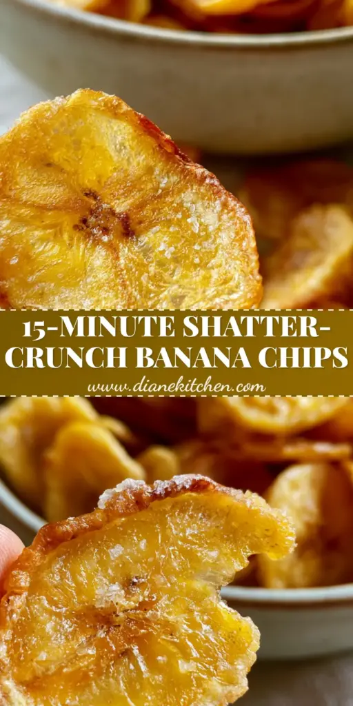 A vertical shot of a ceramic bowl filled with golden-yellow Air-Fried Banana Chips on a grey linen background.