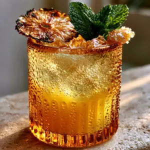 Close up of a Pineapple ginger beer mocktail showing the dual-layer gradient and micro-bubbles in an amber glass.