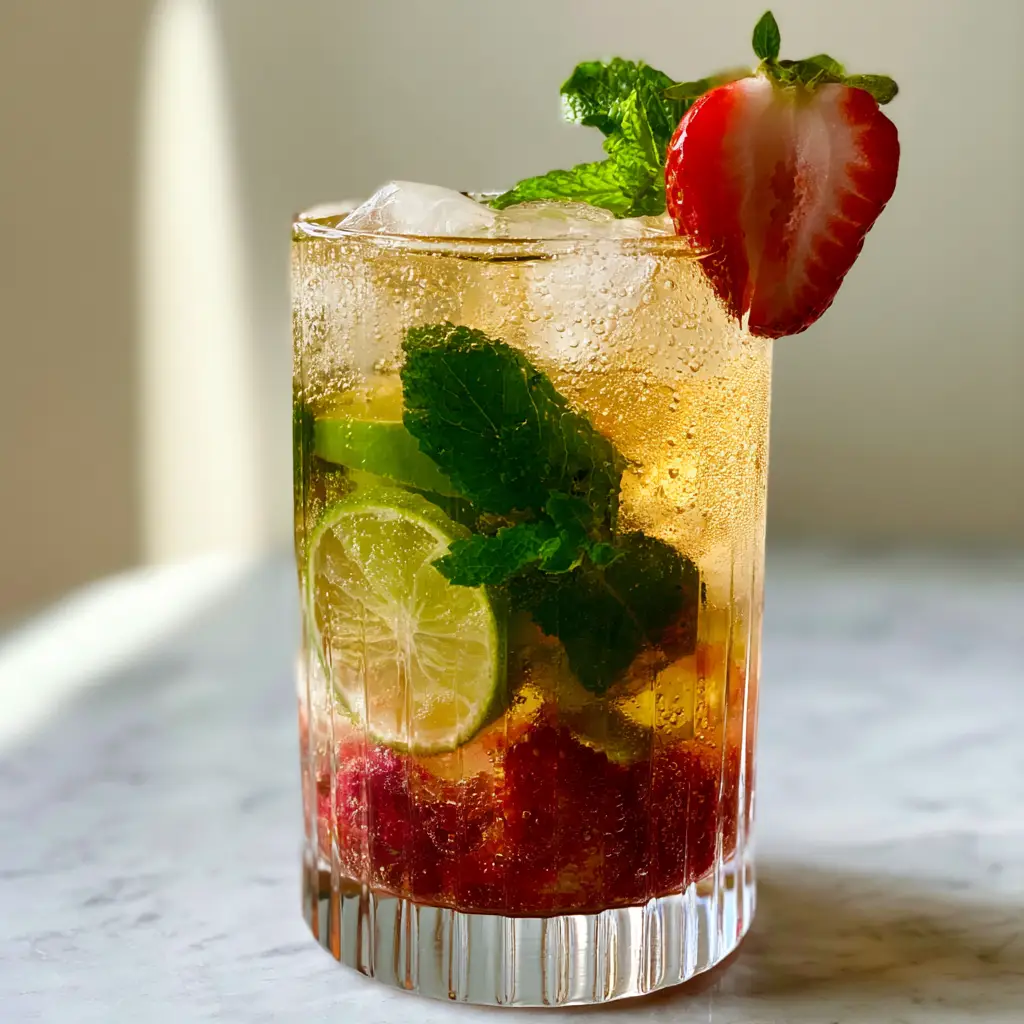 Strawberry Mocktail Mule: The Ultimate Refreshing Summer Sip 1 Handheld photo of a Strawberry Mocktail Mule featuring fresh mint leaves and lime wheels in a modern glass.