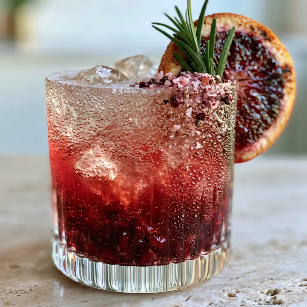 Sophisticated mocktail featuring charred orange wheel garnish and rosemary sprig with pink sea salt. (mocktail recipes)