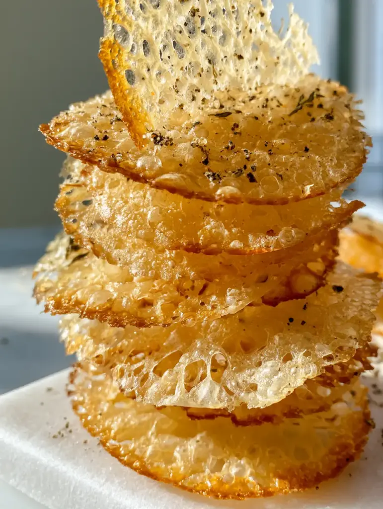 Shattered fragments of a parmesan cheese crisp showing clean crunchy edges and herb specks.