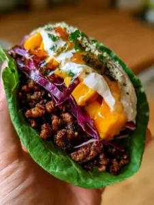 Vibrant Raw Vegan Jerk Tacos with glossy glaze and creamy cashew lime crema held in a person's hand.