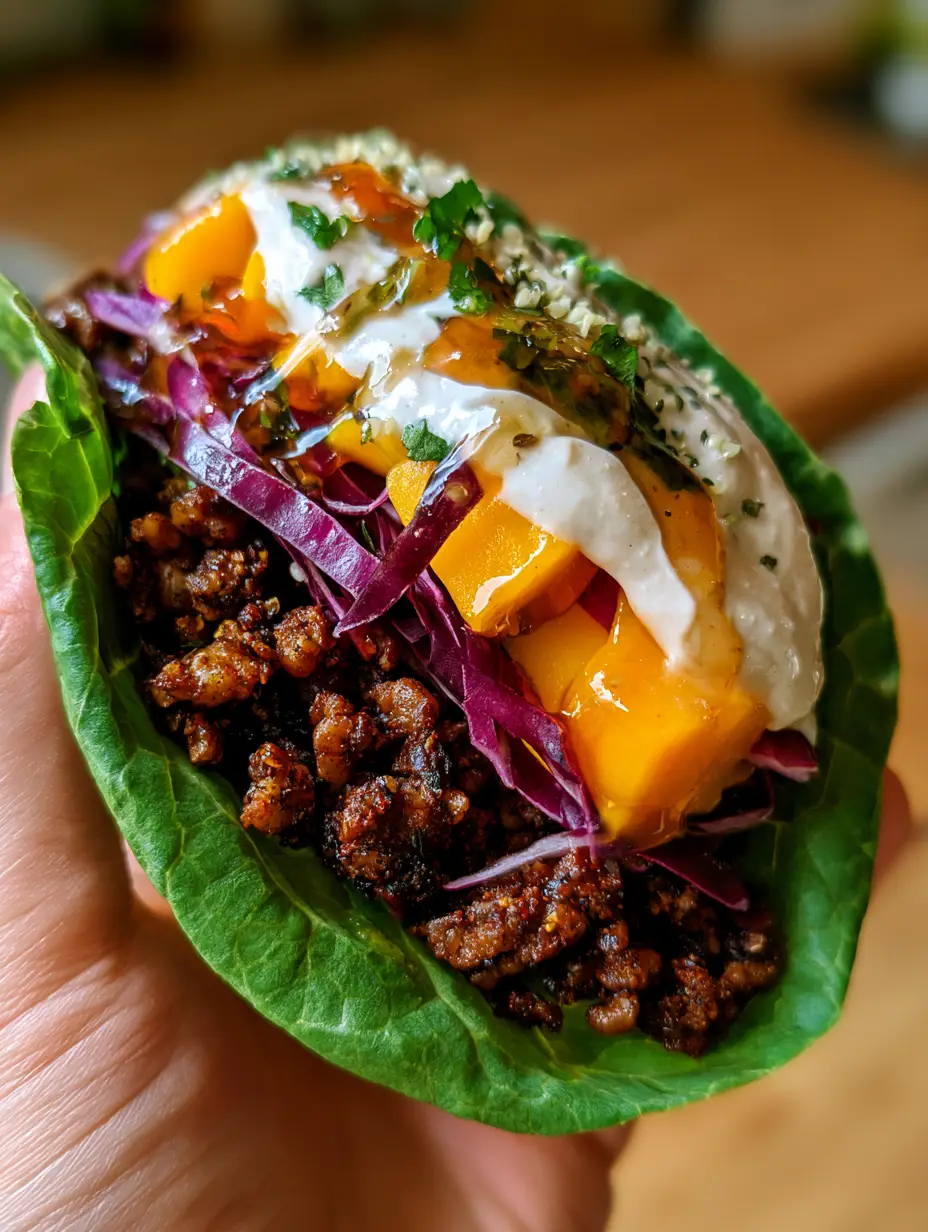 Vibrant Raw Vegan Jerk Tacos with glossy glaze and creamy cashew lime crema held in a person's hand.