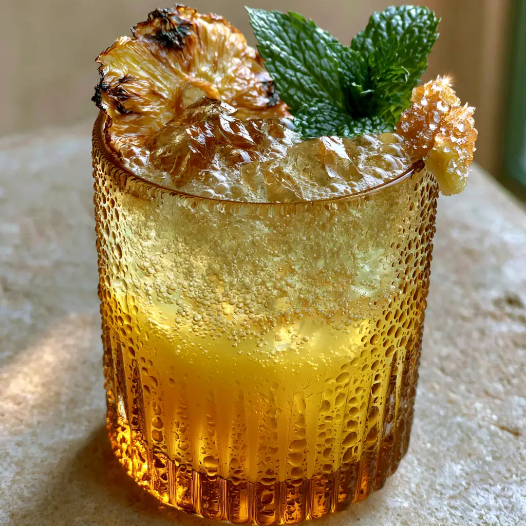 Pineapple ginger beer mocktail: The Ultimate Fizzy Golden Refresher 1 An ultra-close view of hand-cracked ice and charred pineapple garnish on a Pineapple ginger beer mocktail.