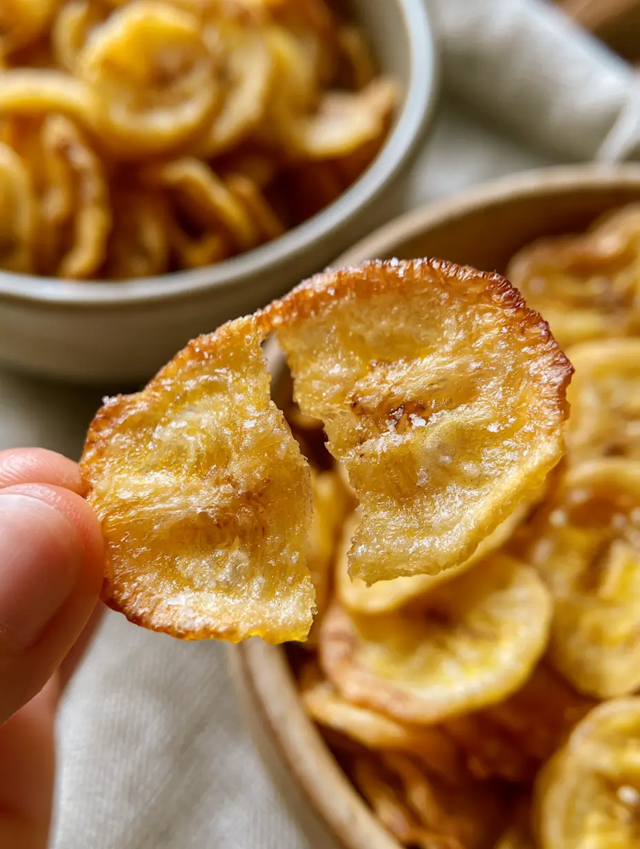 Macro photo of a wafer-thin Air-Fried Banana Chip being snapped in half, showing glass-like brittle texture and translucent fibers.