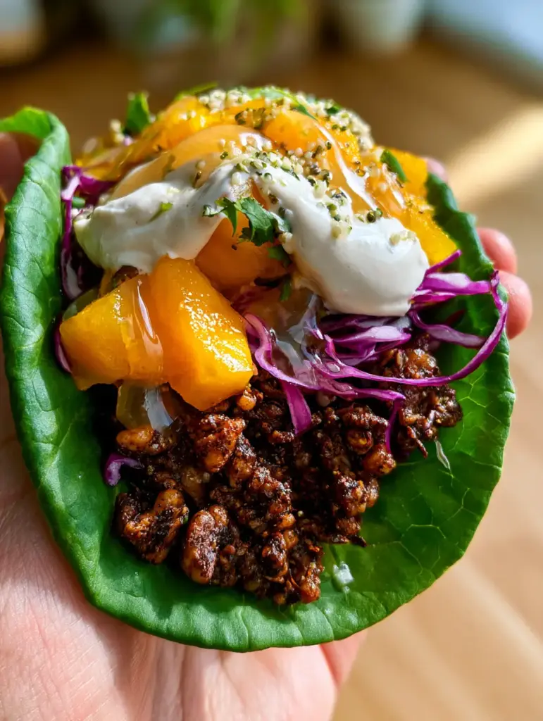 Detailed close-up of the seasoned walnut meat and glossy jerk glaze on a raw taco.