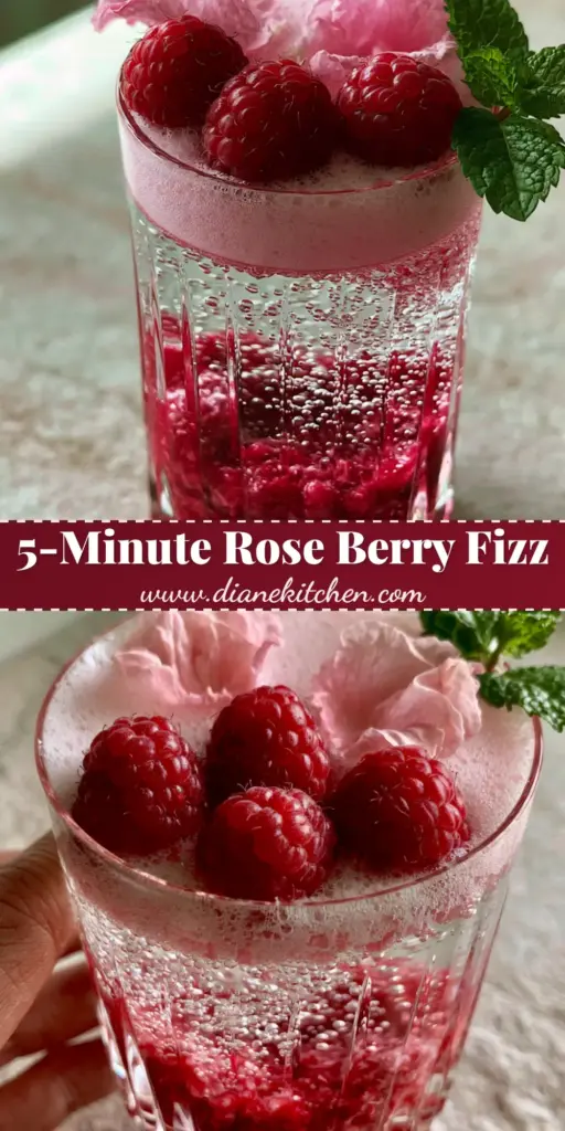 A vertical photo of a rose berry fizz with muddled red raspberries, clear soda bubbles, and pink foam in a ribbed glass.