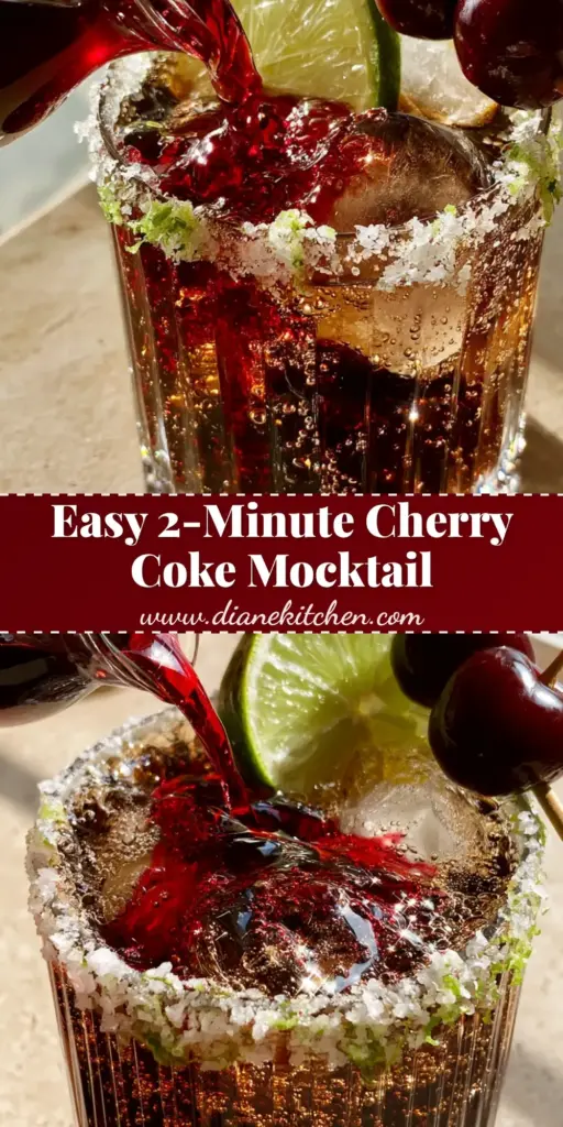 A close-up shot of a Cherry Coke Margarita mocktail in a ribbed glass with a lime-zest salt rim and cherries.