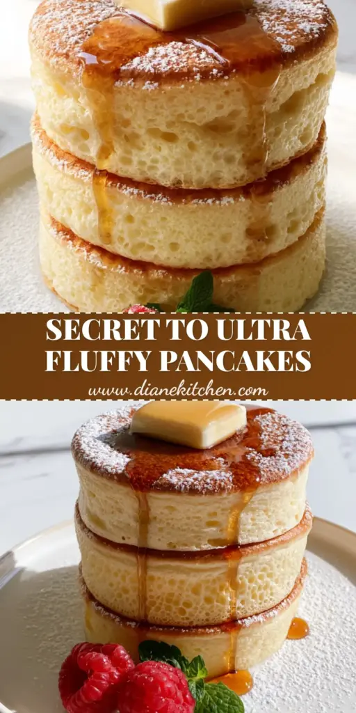 A towering stack of three 3-inch thick souffle pancakes on a white plate with melting butter, maple syrup, and raspberries. (pancakes)