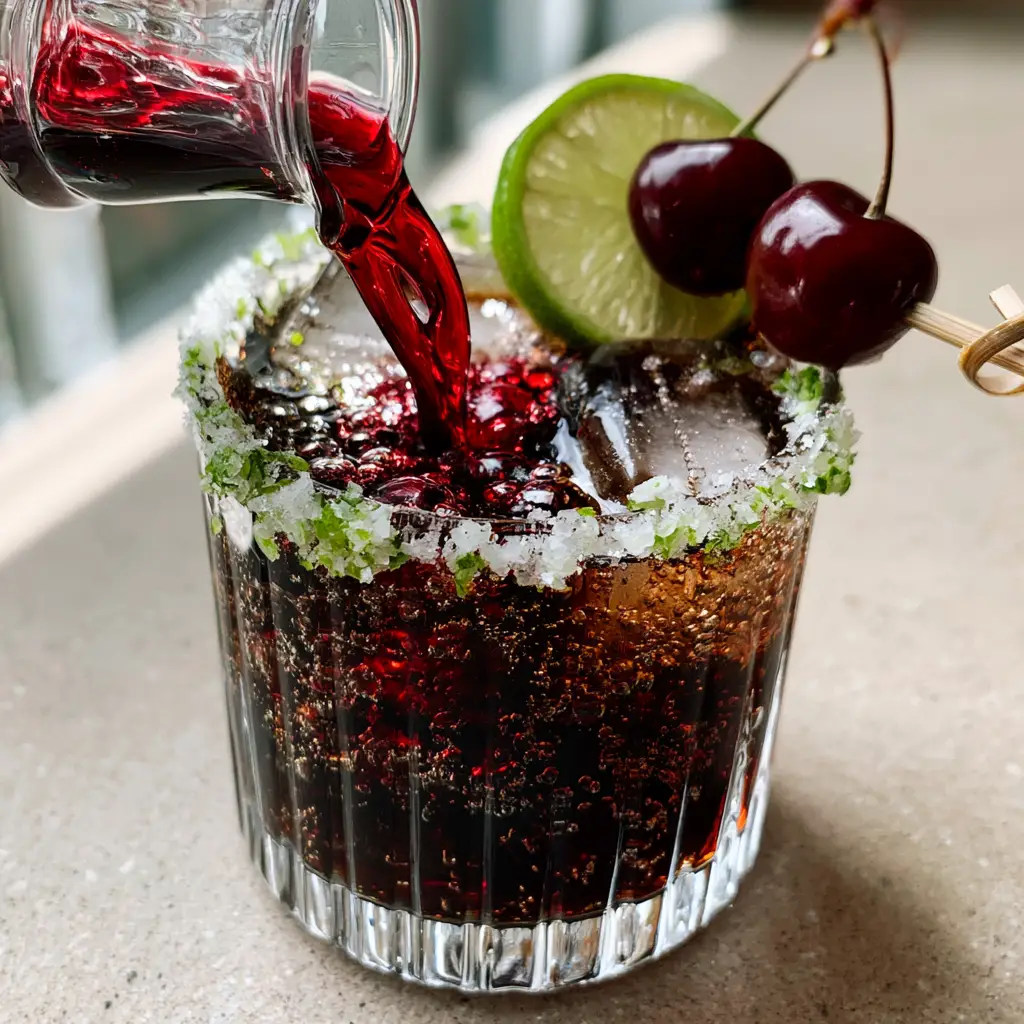 Dynamic action shot of cherry syrup being poured into a Cherry Coke Margarita mocktail, creating ruby patterns.