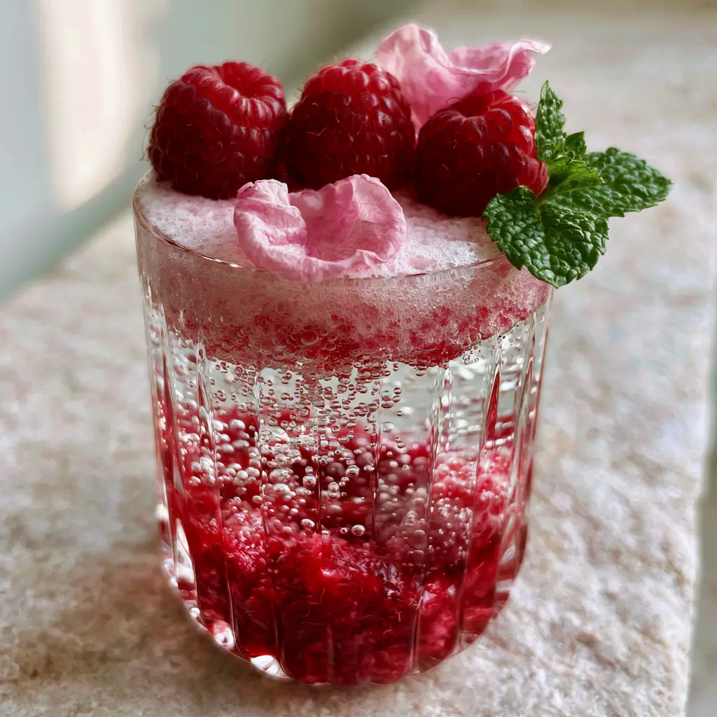 Top down view of a rose berry fizz showing edible rose petals and plump raspberries floating on pink foam.