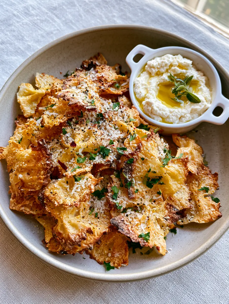 Top-down photo of golden-brown Air Fryer Pasta Chips in a matte bowl with bubbled texture and crispy edges.
