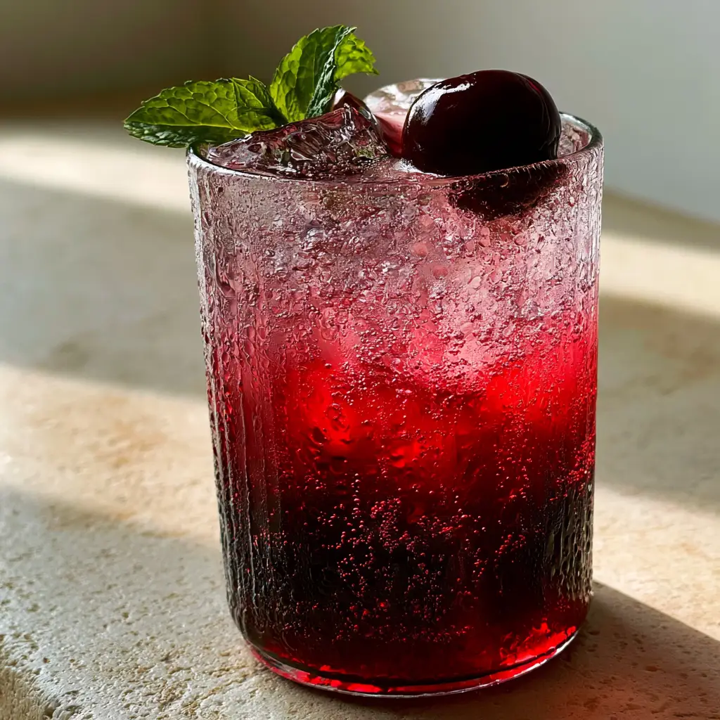 Healthy Mocktail Recipes: The Aesthetic Tart Cherry Sleepy Girl Drink 2 Aesthetic sleepy girl mocktail with deep ruby-red gradient and floating ice cubes. (Healthy Mocktail Recipes)