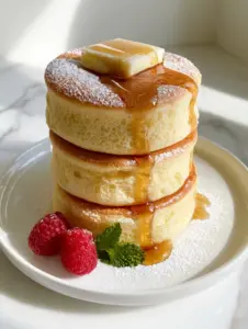 Close up of 3-inch thick pancakes showing the airy honeycomb texture on the sides and golden-brown top. (pancakes)