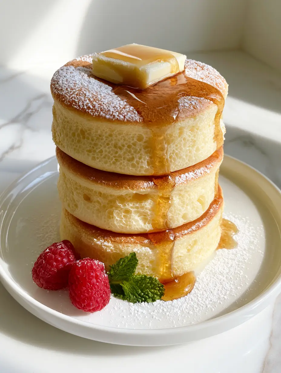 Close up of 3-inch thick pancakes showing the airy honeycomb texture on the sides and golden-brown top. (pancakes)