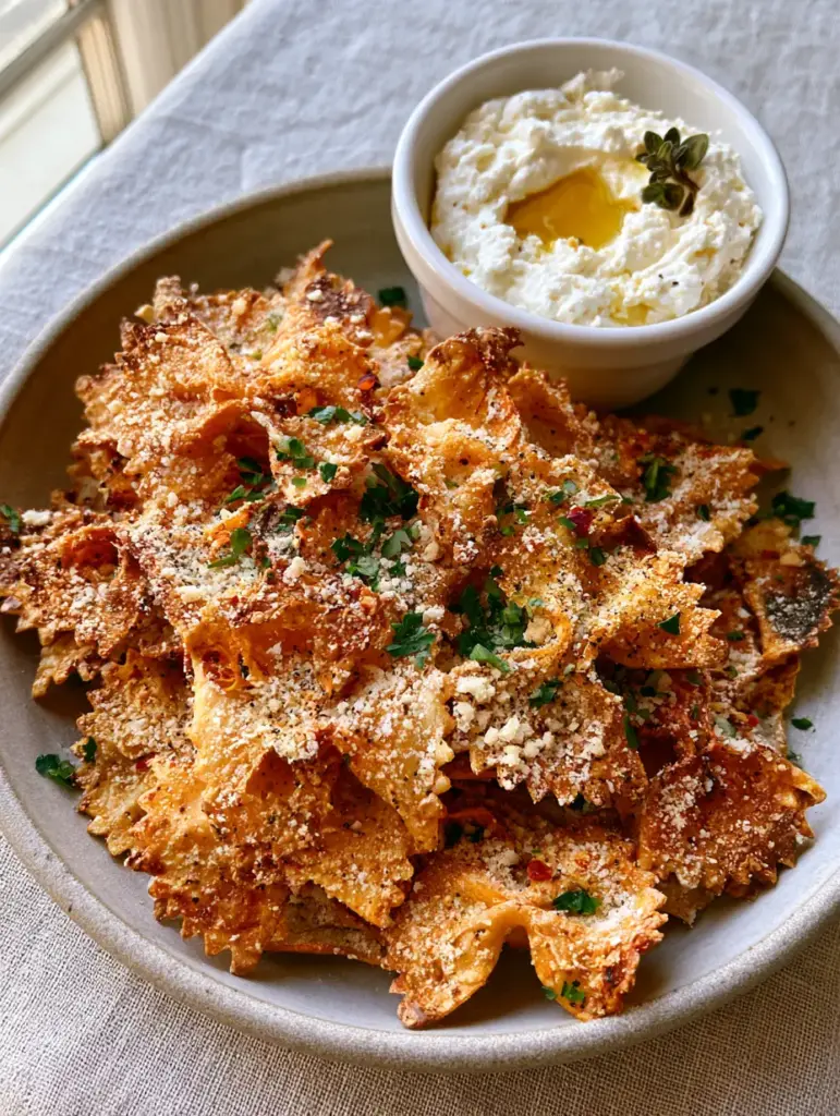 Air Fryer Pasta Chips seasoned with parmesan and garlic powder next to a creamy whipped feta dip ramekin.
