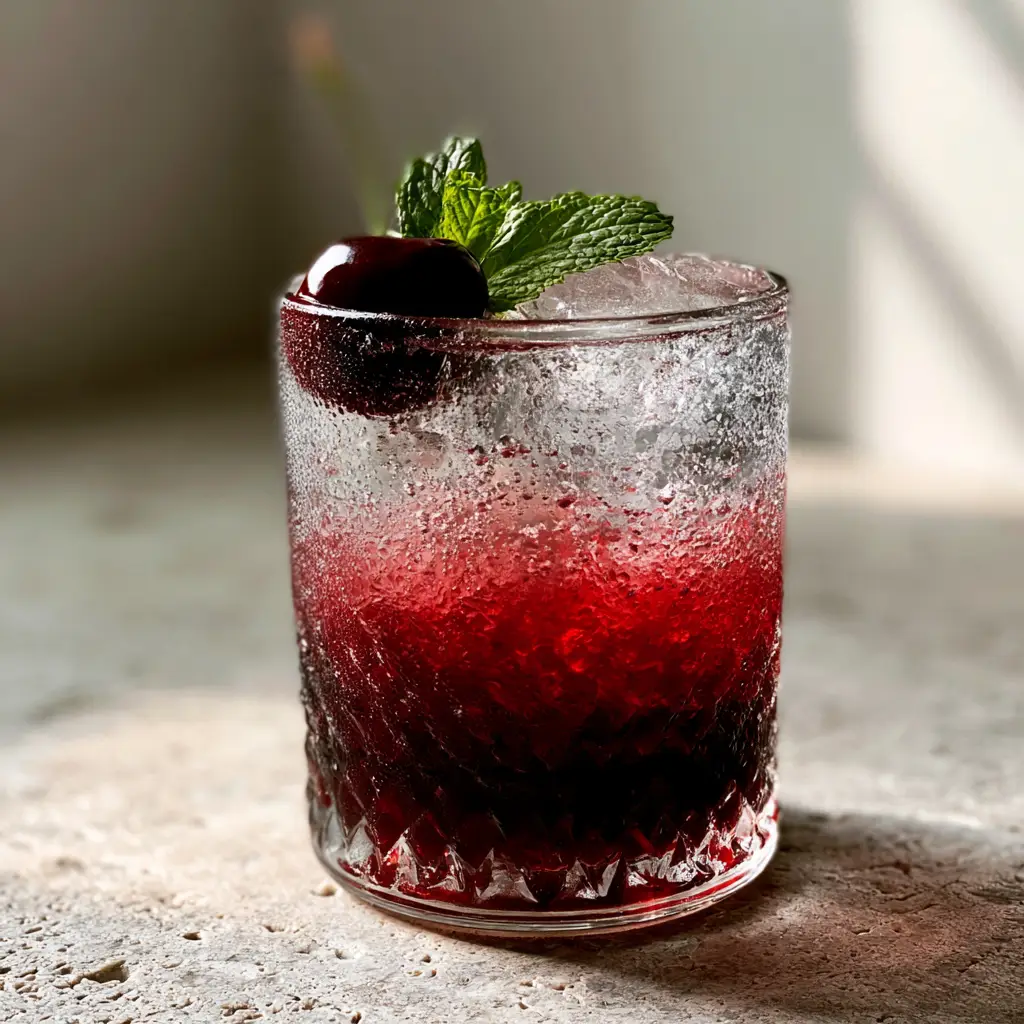 Healthy Mocktail Recipes: The Aesthetic Tart Cherry Sleepy Girl Drink 1 Textured vintage glassware covered in cold condensation droplets containing a healthy mocktail.