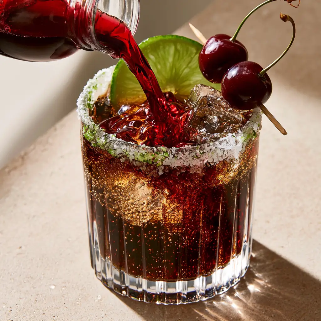 Close-up of a finished Cherry Coke Margarita mocktail garnished with cherries and a lime wheel on a concrete surface.