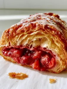 A freshly shattered Strawberry Flaky Puff Pastry turnover on white parchment paper with powdered sugar dusting.