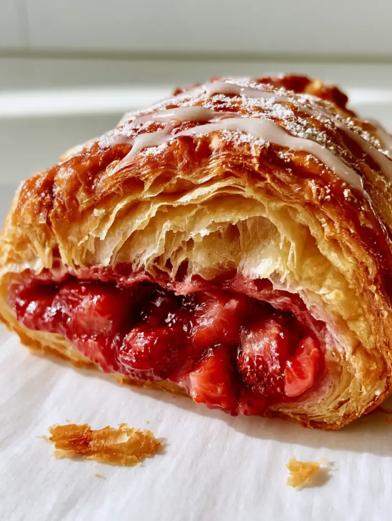 Strawberry Flaky Puff Pastry: The Ultimate Crispy Turnover Recipe 2 A freshly shattered Strawberry Flaky Puff Pastry turnover on white parchment paper with powdered sugar dusting.