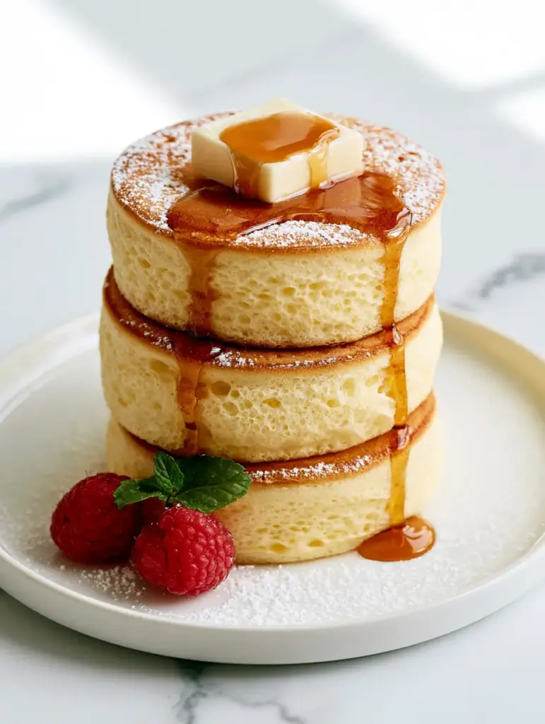 Extreme food detail of amber maple syrup dripping down a stack of thick souffle pancakes with powdered sugar.