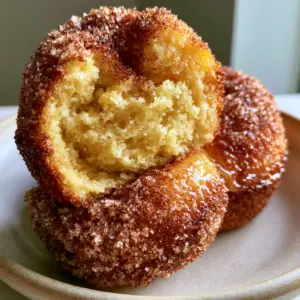 A close-up shot of a sour cream doughnut muffin sliced in half showing the moist yellow cake crumb.