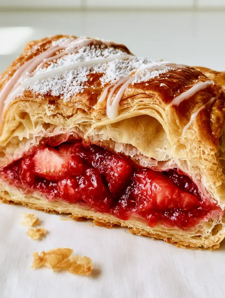 Strawberry Flaky Puff Pastry: The Ultimate Crispy Turnover Recipe 1 Strawberry Flaky Puff Pastry drizzled with a thin white sugar glaze and scattered crisp crumbs.