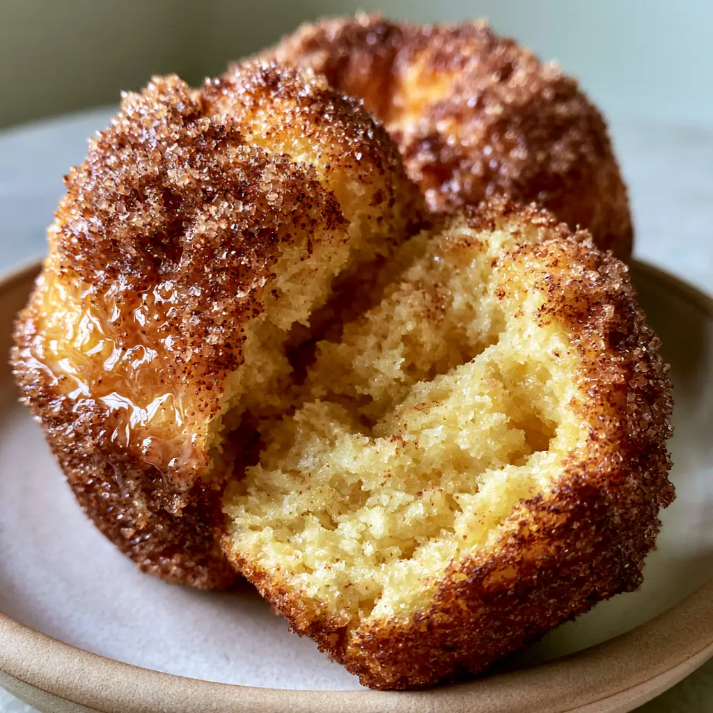 High-angle view of freshly baked sour cream doughnut muffins with glistening cinnamon sugar coating.