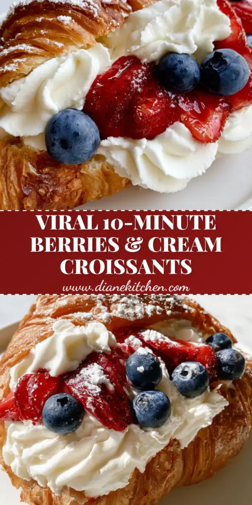 A handheld smartphone photo of a split-open, buttery golden-brown croissant overflowing with thick mascarpone whipped cream and fresh berries. (Berries and Cream Filled Croissants)