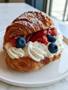 Close up of thick mascarpone whipped cream and sliced strawberries inside a golden croissant. (Berries and Cream Filled Croissants)