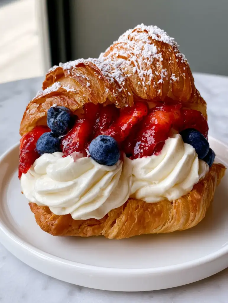 Top-down view of Berries and Cream Filled Croissants dusted with powdered sugar on a white ceramic plate.