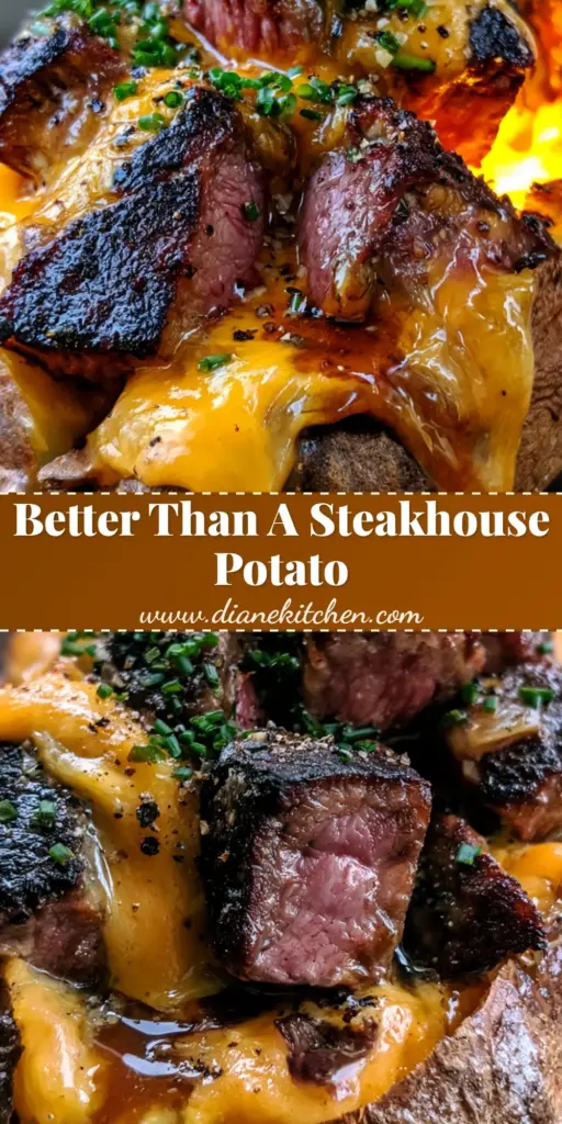 Steak Stuffed Baked Potatoes with Garlic Butter and Sharp Cheddar 4 A giant salt-crusted baked potato split open and overflowing with juicy garlic butter steak bites and melted cheddar cheese. (steak stuffed baked potatoes)