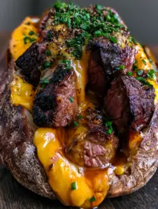 Extreme close-up of charred steak bites and bubbling cheese inside a fluffy potato. (steak stuffed baked potatoes)
