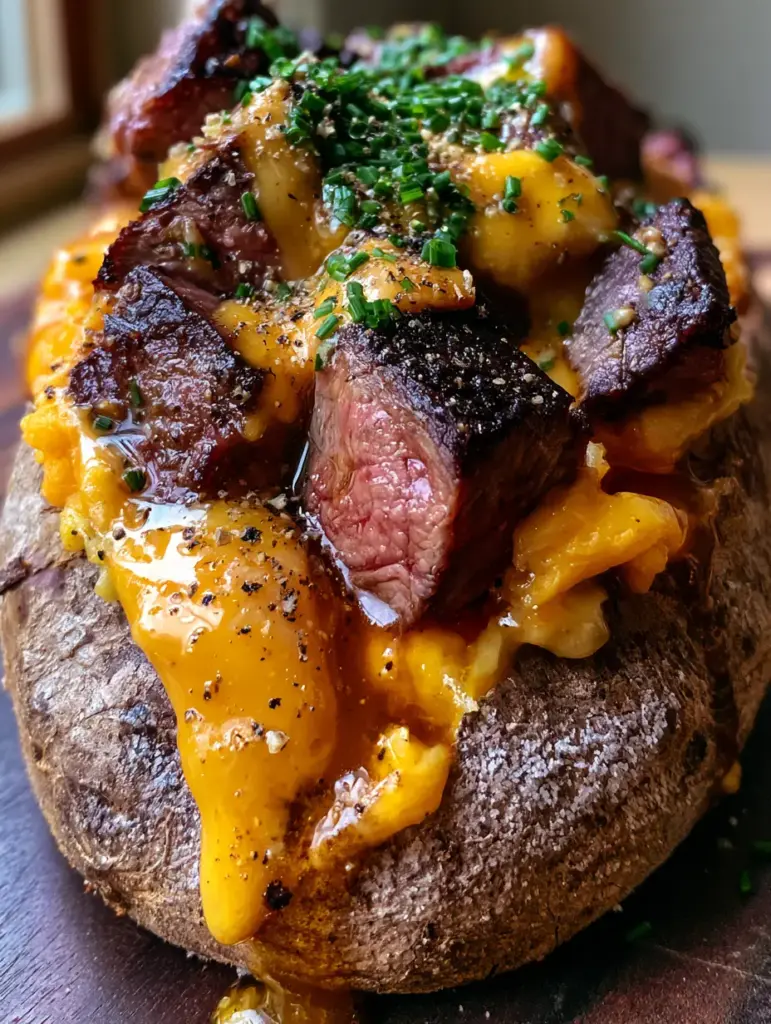 Steak Stuffed Baked Potatoes with Garlic Butter and Sharp Cheddar 1 A top-down view of garlic butter dripping over steak bites and fresh chives. (steak stuffed baked potatoes)