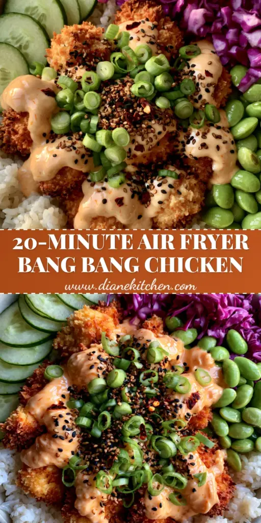 A top-down view of a Bang Bang Chicken Bowl Recipe featuring golden air-fried chicken, purple cabbage, and edamame. (Bang Bang Chicken Bowl Recipe)