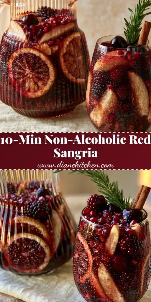 A tall glass of deep ruby-red Non-Alcoholic Sangria filled with blood oranges, apples, and blackberries, garnished with rosemary and a cinnamon stick.