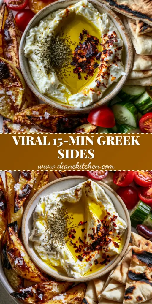 A vibrant Greek mezze spread featuring whipped feta, blistered lemon potatoes, and fresh vegetables on a white table. (Vegetarian Greek side dishes)
