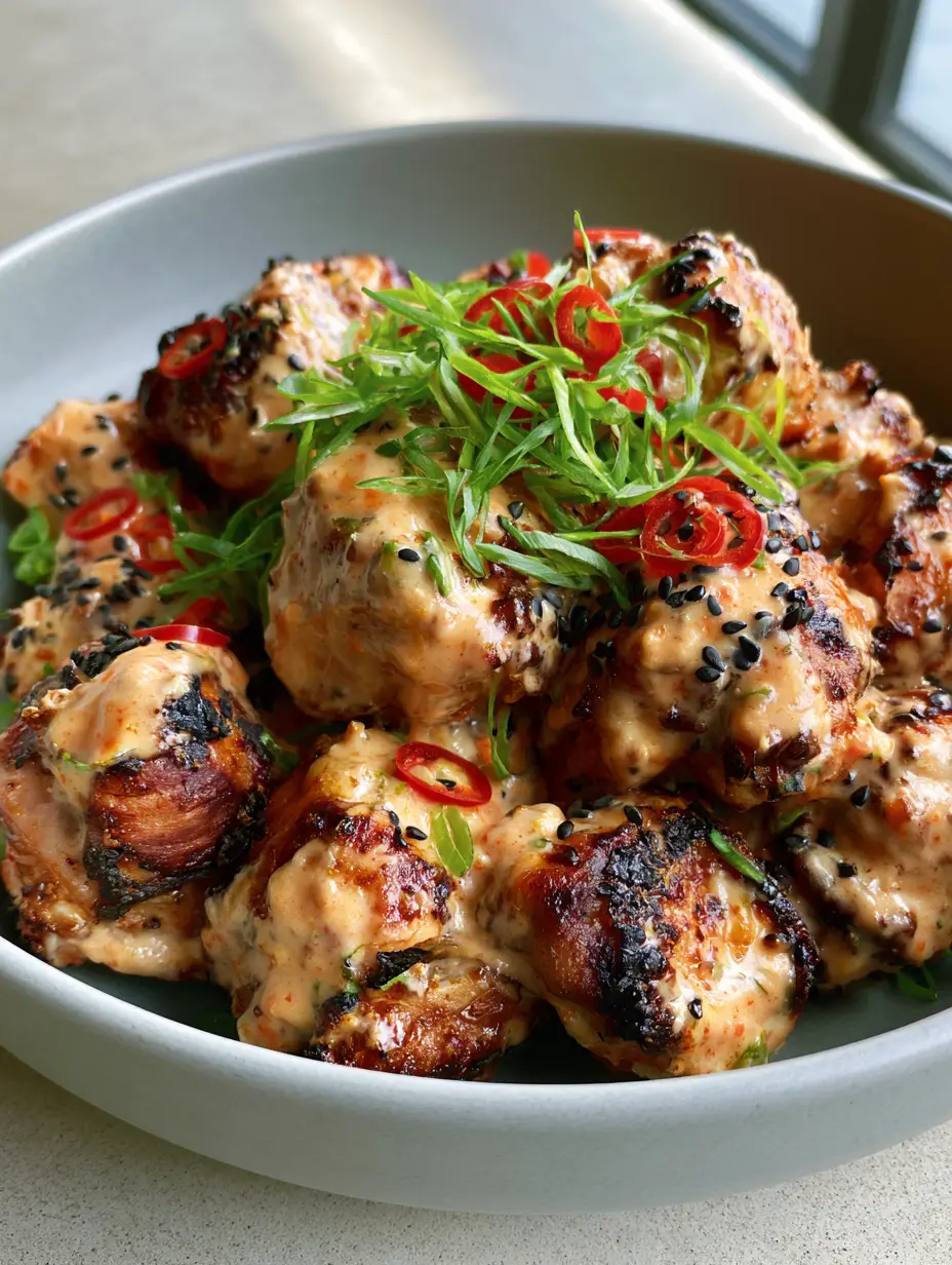 Extreme close-up of crispy air-fried Bang Bang Chicken Thighs with charred edges and glossy orange sauce.