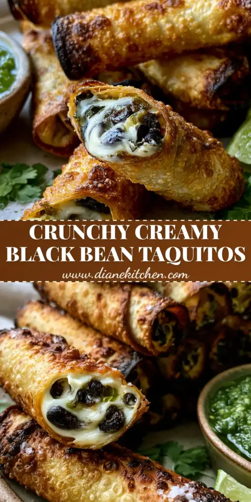 Creamy Black Bean Taquitos (Extra Crispy Air Fryer Recipe) 4 A stack of golden-brown air-fried Creamy Black Bean Taquitos on a plate with salsa verde and lime.