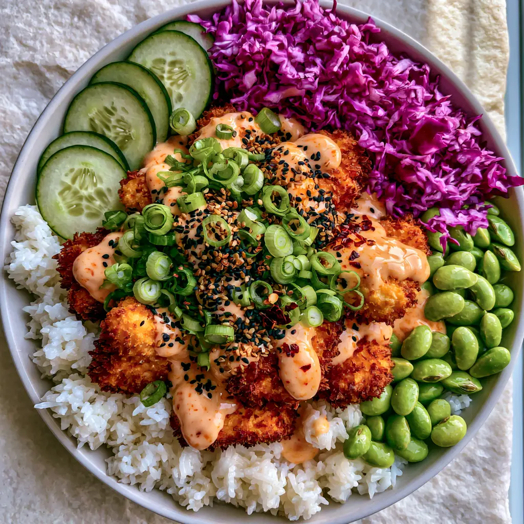 Freshly sliced cucumbers and shredded red cabbage arranged in a Bang Bang Chicken Bowl Recipe.
