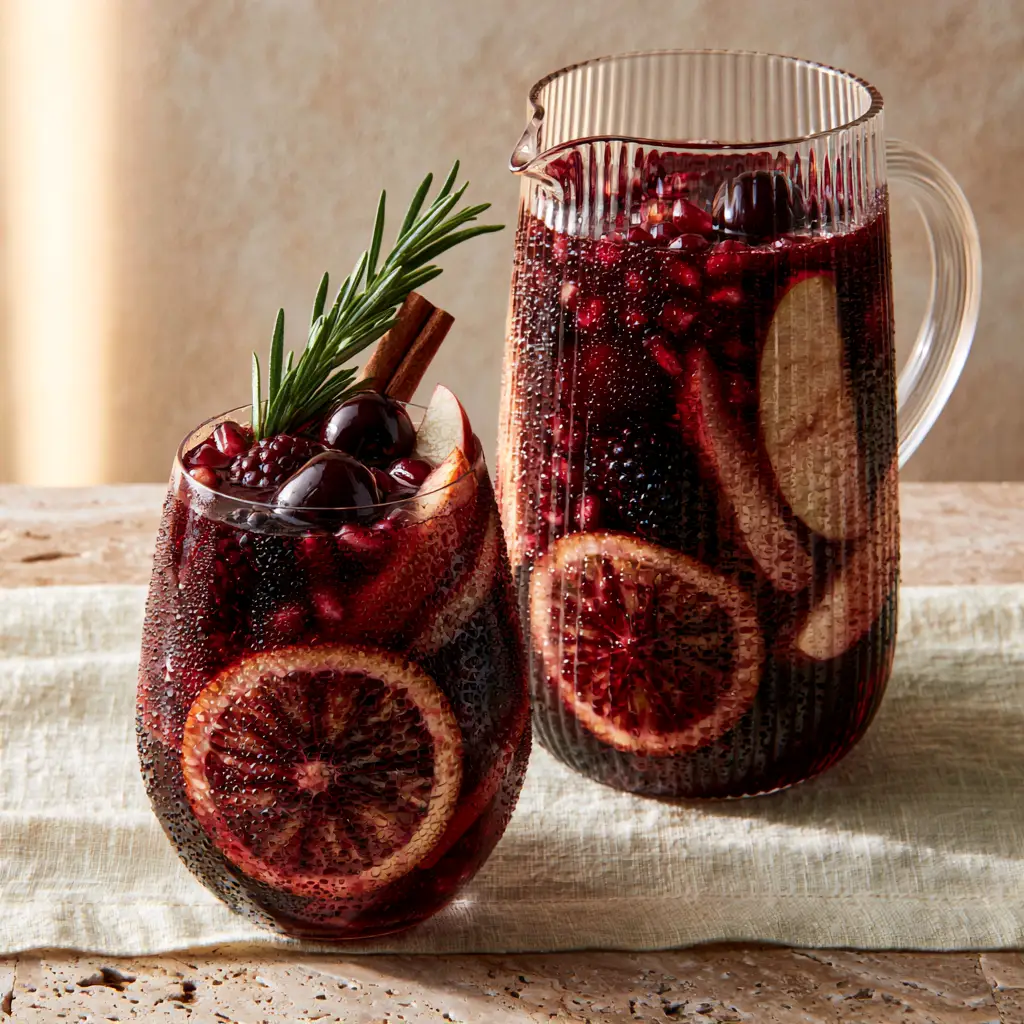 Modern ribbed-glass pitcher and stemless wine glass filled with Non-Alcoholic Sangria on a travertine table.