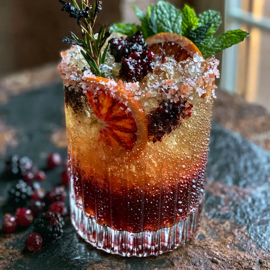 Close up of crushed ice and blood orange wheels in a botanical drink. (non-alcoholic cocktails)