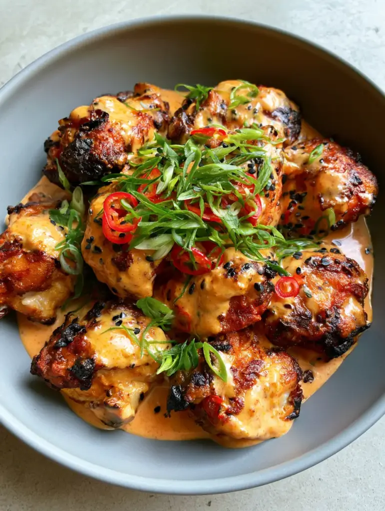 Glossy orange Bang Bang Chicken Thighs garnished with black sesame seeds and green scallions.