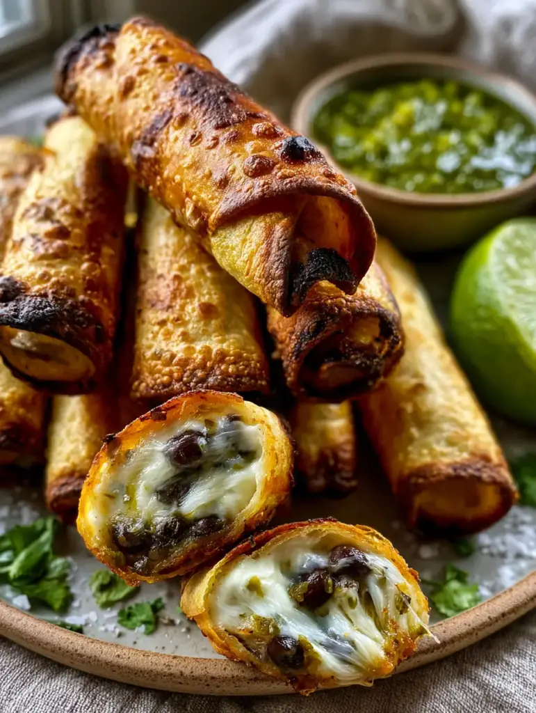 Creamy Black Bean Taquitos (Extra Crispy Air Fryer Recipe) 2 Close-up of a stack of Creamy Black Bean Taquitos showing charred edges and micro-bubbles.